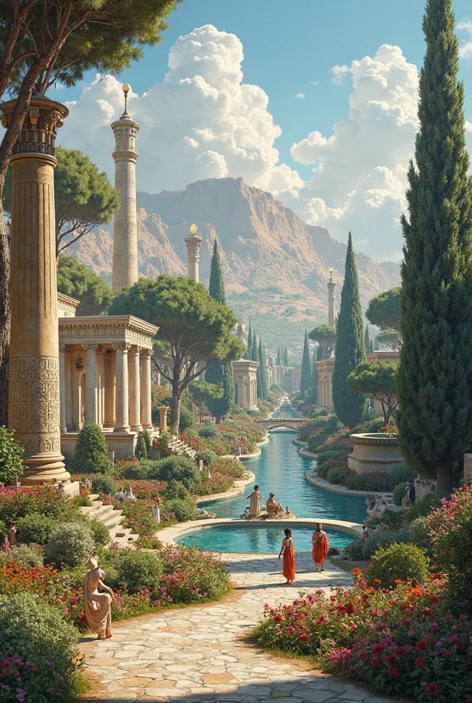 I need a realistic picture of the gardens of ancient Egypt, Rome and Greece. To have three different gardens in one picture