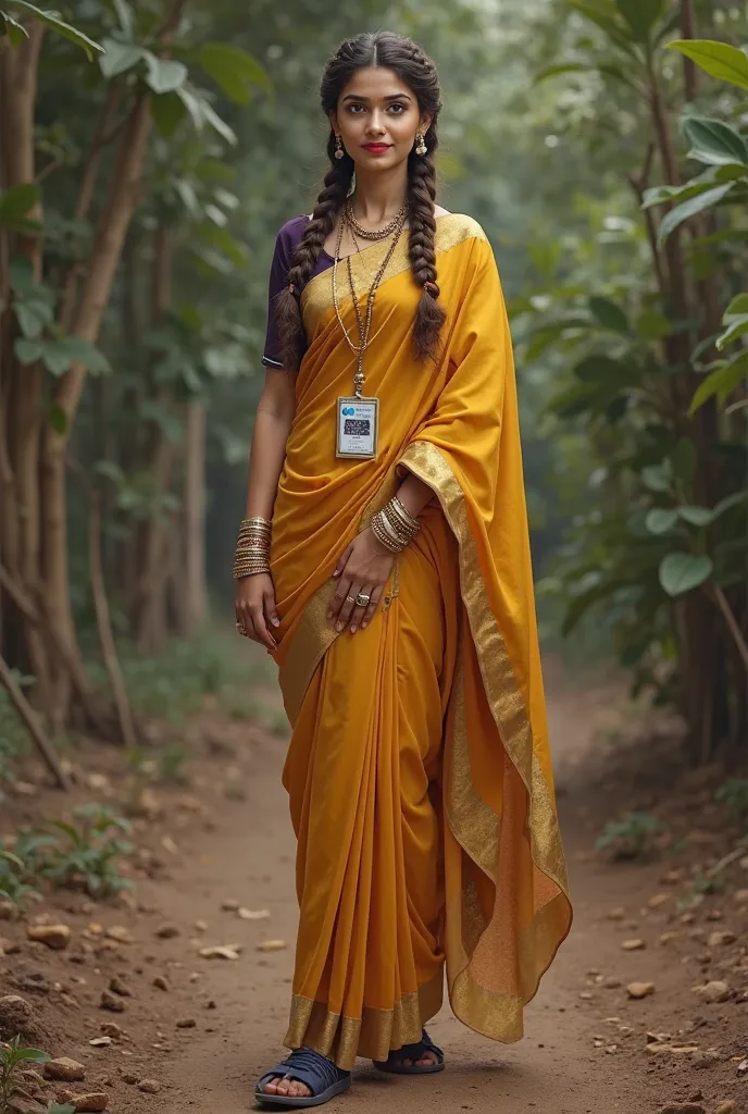 WGenerate an image of beautiful lady teacher with gold saree and wearing platinum watch, bangle, necklace, 8 rings on both hands and wearing dark purple sport shoes and dark blue socks, wearing school id card, standing on the mud ground and wearing school ...