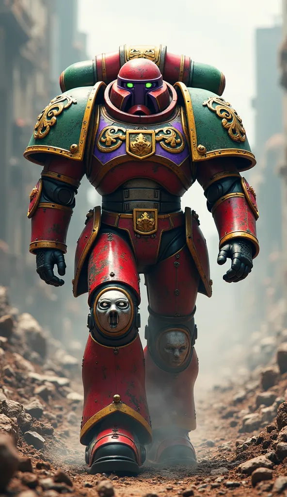 Warhammer 40k Adeptus Astartes walking a war path, the armor is in red/green/purple/gold/blue colors, add to the pauldrons have a image of 'yarnaby' face from poppy play time.