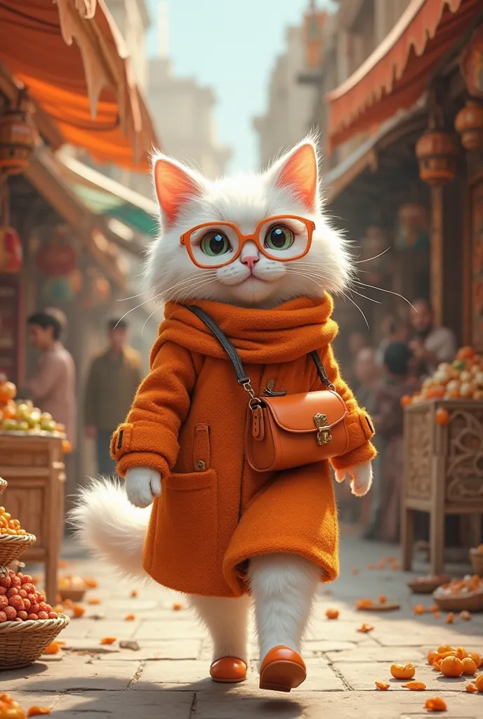 Cute white cat wearing orange long coat orange pent orange glasses and orange purse and orange heal shoes and moving through bazzar