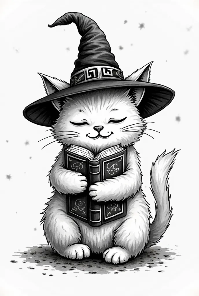 A norwegian cat with witch hat hugging a book. I want you to create drawing black and white tattoo with this idea