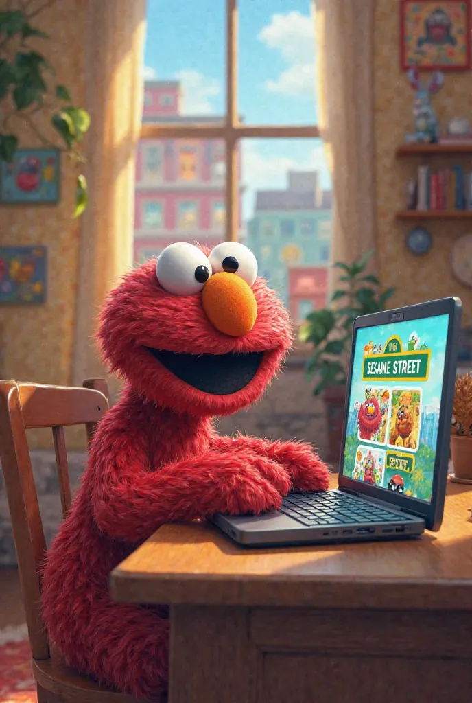 Draw me Elmo from Sesame Street, with a laptop 