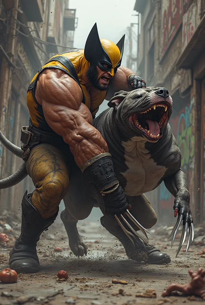 Wolverine defeating a Pitbull dog on the ground 