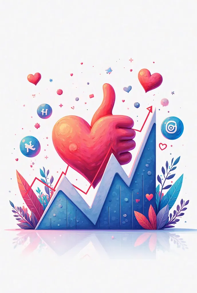 An illustration of a growth graph (like a heart or a thumbs up) with social media icons.  