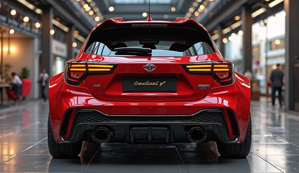 create an ultra-detailed 3D render (back ) view, of a modern futuristic look 2025 Chevrolet Spark colour Red  with a bold design captured from (back ) The car should feature a 'wind(black)' exterior with a (bentley)logo on its (back ), a n ultra detailed d...