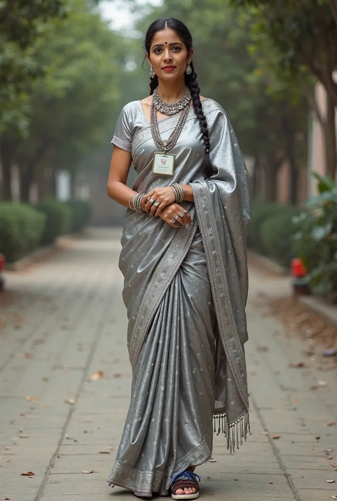 Generate an image of beautiful lady teacher with silver saree and wearing platinum watch, bangle, necklace, 8 rings on both hands and wearing dark  brown sport shoes and dark blue socks, weariing school id card, standing on the mu  ground and wearing schoo...