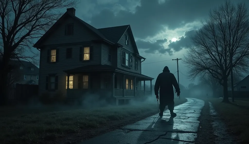 A hyper-realistic, cinematic horror depiction of a typical American suburban house, completely shrouded in darkness under a pitch-black night sky. The house has a classic two-story design with wooden siding, a front porch, and a large bay window. The windo...