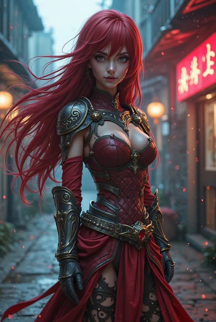 Hyper realistic super detailed Erza Scarlet cosplay, Very detailed, (hyper realistic: 1.4), in dynamic pose, long hair, arcane style. ((Grunge Neon street background)).