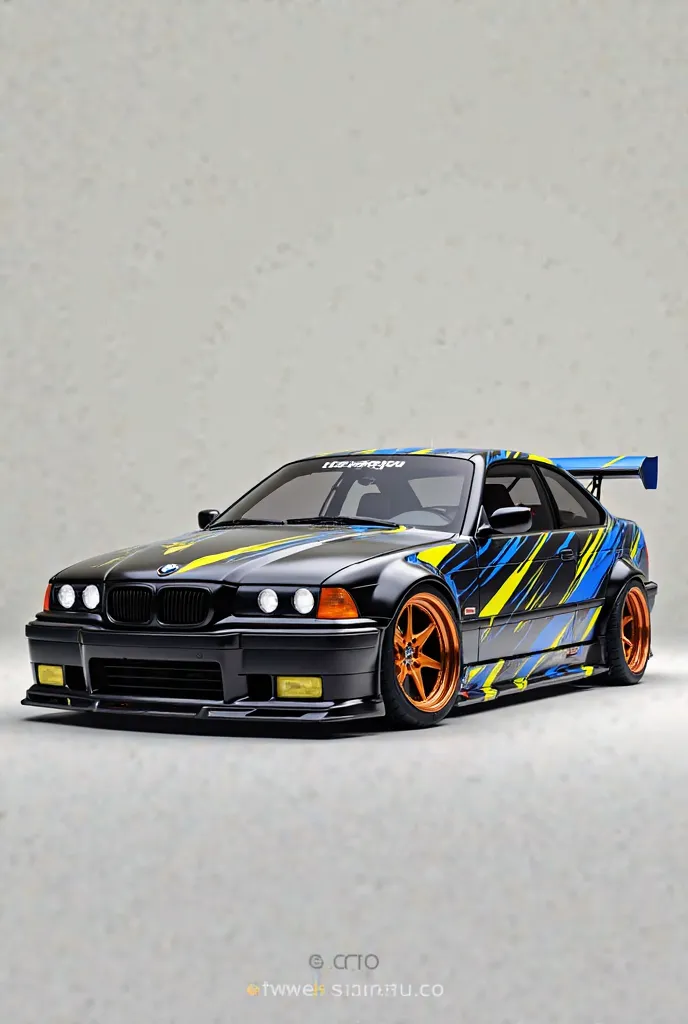 BMW e36 coupe black car with full dynamic blue yellow and red deco.
TSR Garage logo
Number 46