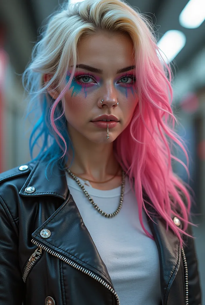 Create an image: she is 18-25 years old. She got her hair dyed blonde with pink and blue highlights. She has a flashy make-up and a nose ring. She sports a motorbike jacket and t-shirt.