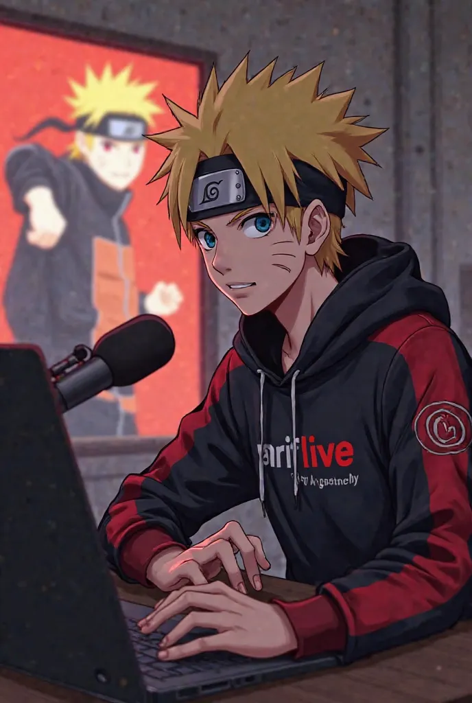 Create a image of "A 18 years anime boy, sitting in front of a computer desk with a microphone and laptop, wearing black and red hoodie with the Channel Name on it "ariflive.
The background two character photo Naruto minato 