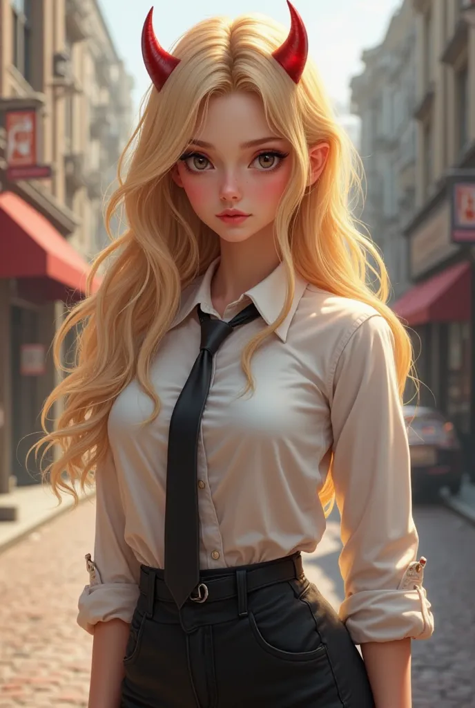 A realistic female character with long, flowing golden blonde hair, styled with natural waves. She has sharp, captivating eyes and soft, delicate facial features. Small red devil horns protrude from her head, giving her a mischievous yet alluring look. She...