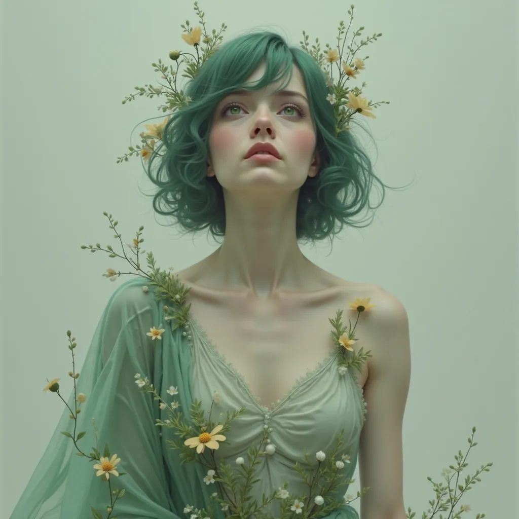  woman, She stands aside, looking up emotional, wearing green clothes, there are flowers on his body, with white skin, with green hair, green-eyed, minimal , no background 