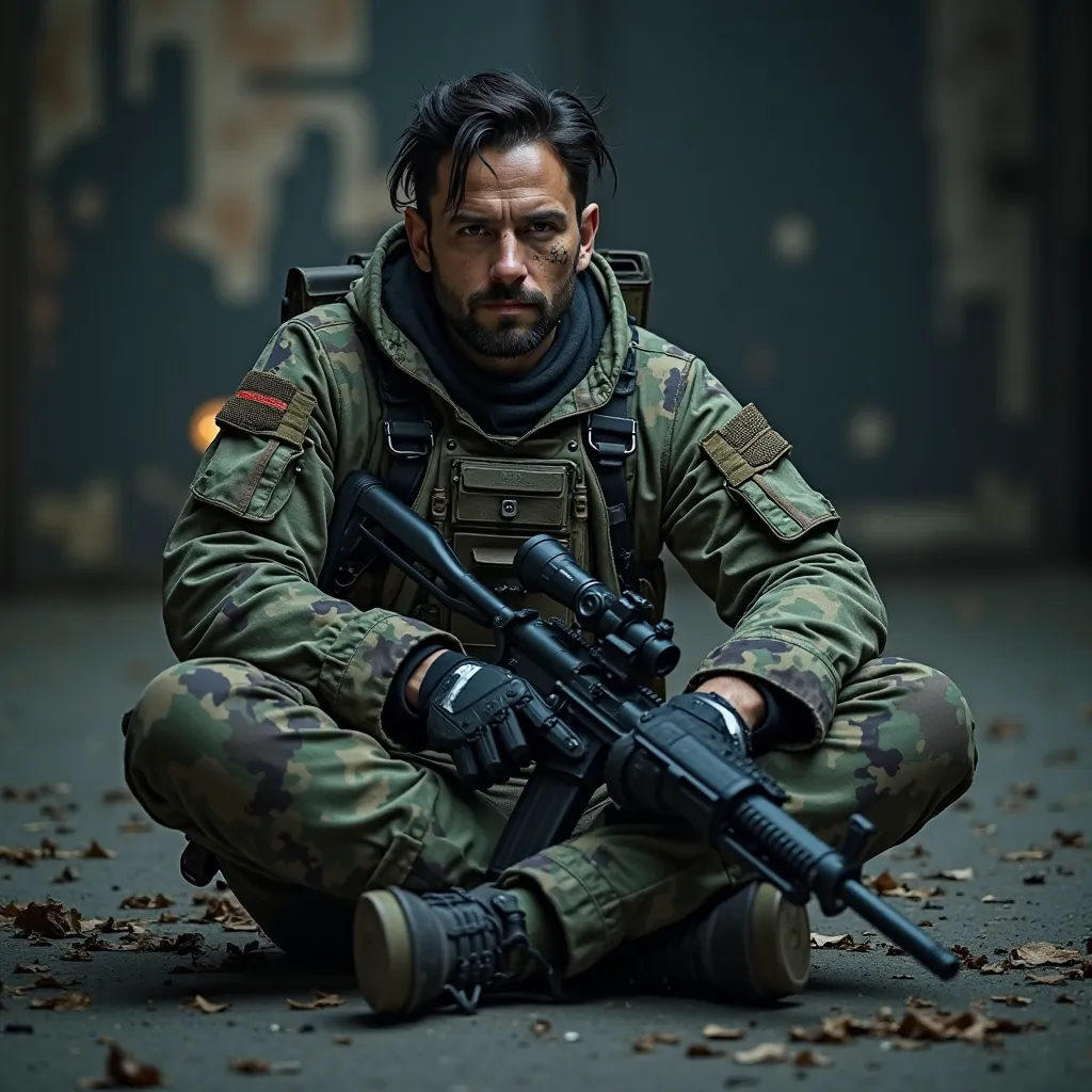 a man in urban camouflage sits on the ground with a gun,  wearing tactical armor ,  in dark space wearing mercenary gear, full military uniform , future soldier clothes, dressed in sci-fi military armor, 2014,  medium plan portrait , 2 0 1 4,  Felix Englun...