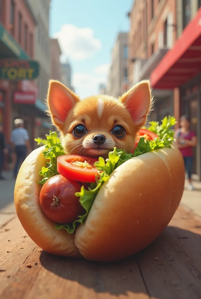 Un hotdog avec un chien dedans avec de la salade tomate fromage etc