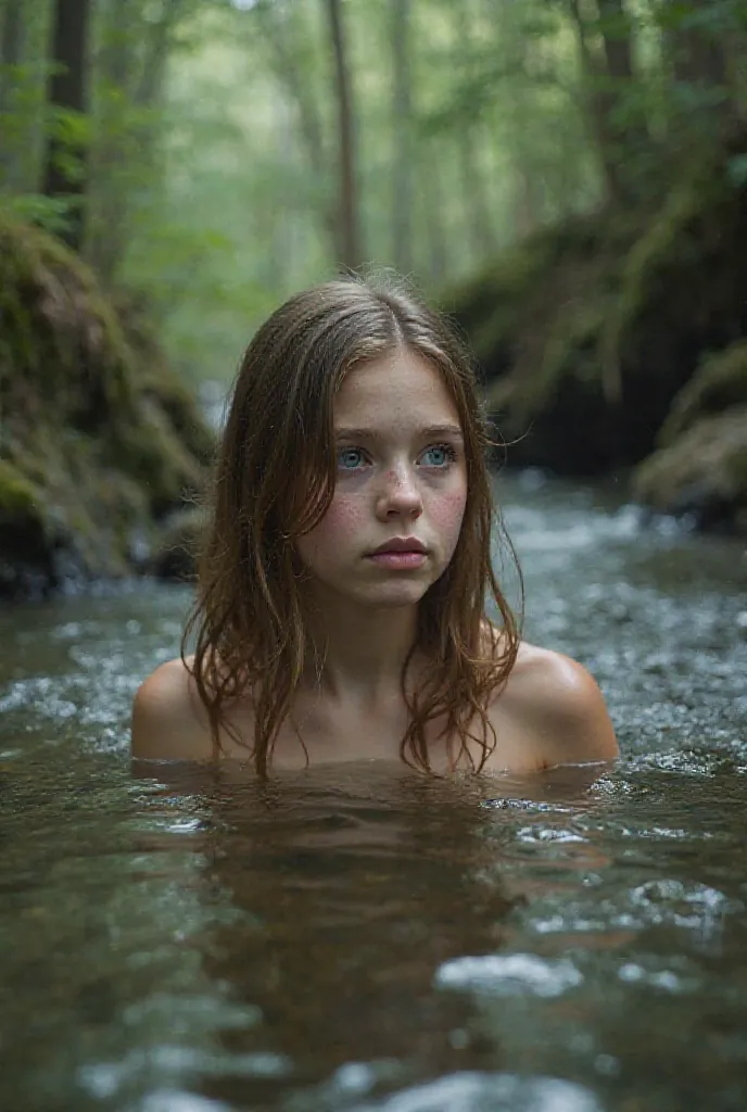 A 18-year old girl, with light brown hair above her shoulders and blue eyes. In the water. Hidden body under water. The girl is in a stream in the forest with some ruins of the Eden. The girl looks away, her body is hidden under water.