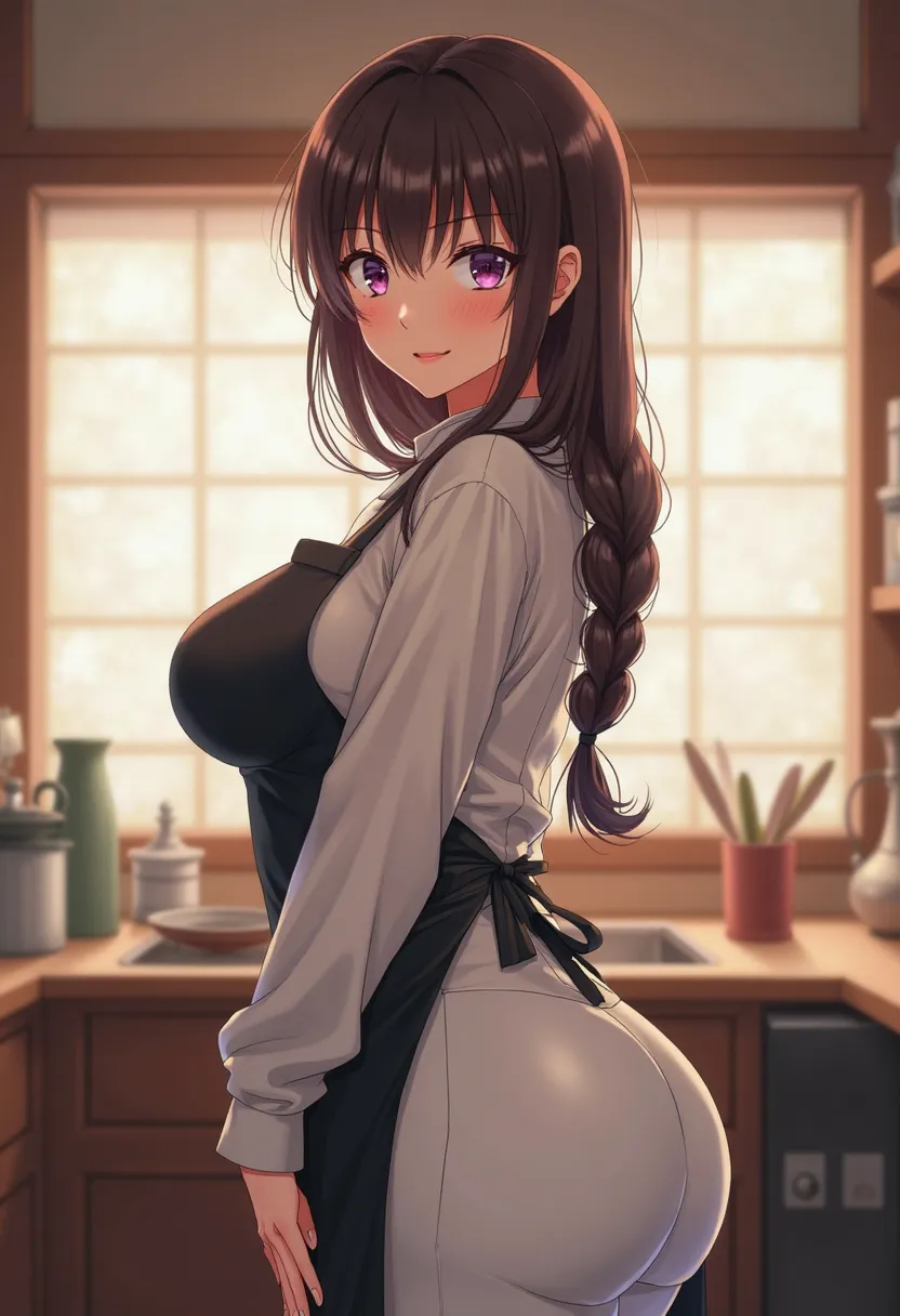 1 Japanese anime girl, milf, 30 years of age, solo, long hair, housewife, looking at viewer, smile, open mouth, large breasts, dark brown hair, bangs that reach down to eyes and almost cover forehead, shirt, long sleeved blouse, loose shirt,, light violet ...