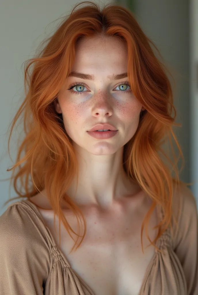  Young woman , standing at full height with bright, emphasizing the tenderness of her facial features, slightly wavy red hair. light, skin with a gentle scattering of freckles on the face and shoulders.  Big light blue eyes , full of emotions.  slim hourgl...