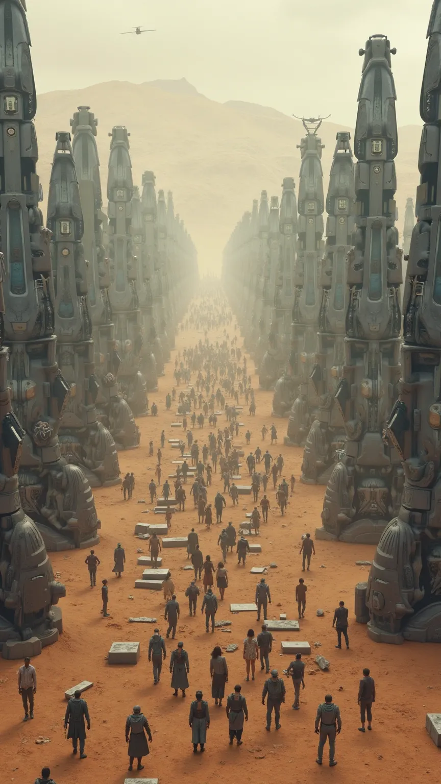 The overall atmosphere is dark, somewhat futuristic and reminiscent of an adventure movie, action movie or sci-fi setting. The landscape is a futuristic desert filled with numerous large metal and apparently mechanical structures arranged in rows. The stru...