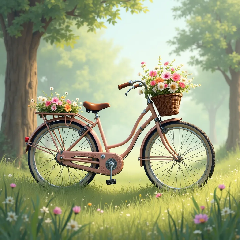 A pastel-colored vintage bicycle with a basket full of flowers