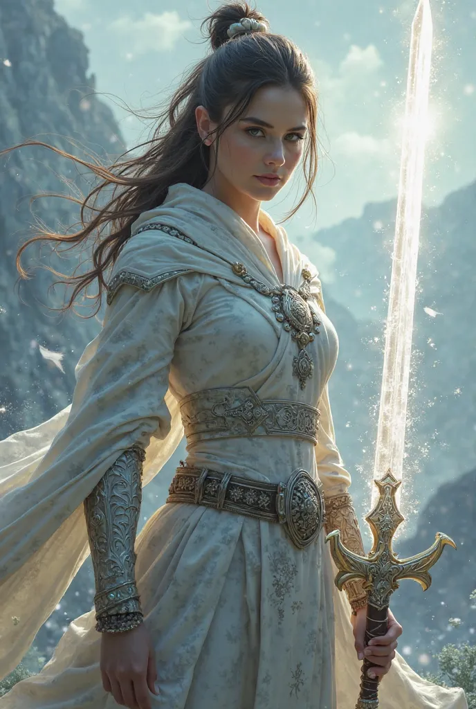 She holds in her right hand a white and elegant sword 