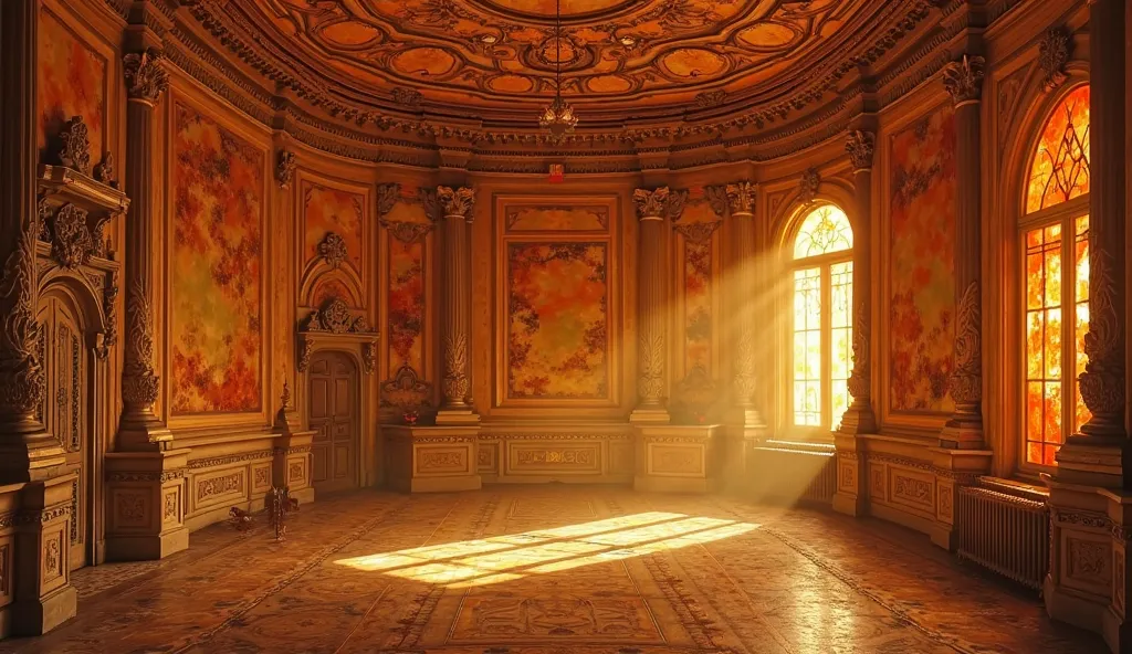 A grand chamber adorned with golden-orange amber panels, mirrors, and intricate carvings. The room glows warmly, symbolizing its lost opulence and mysterious disappearance.
