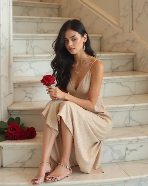 A young, light-skinned woman, likely in her late s or early twenties, sits on a set of white marble stairs.  She is centered in the image, and is positioned in a three-quarter view, facing the viewer slightly. Her expression is calm and contemplative, look...