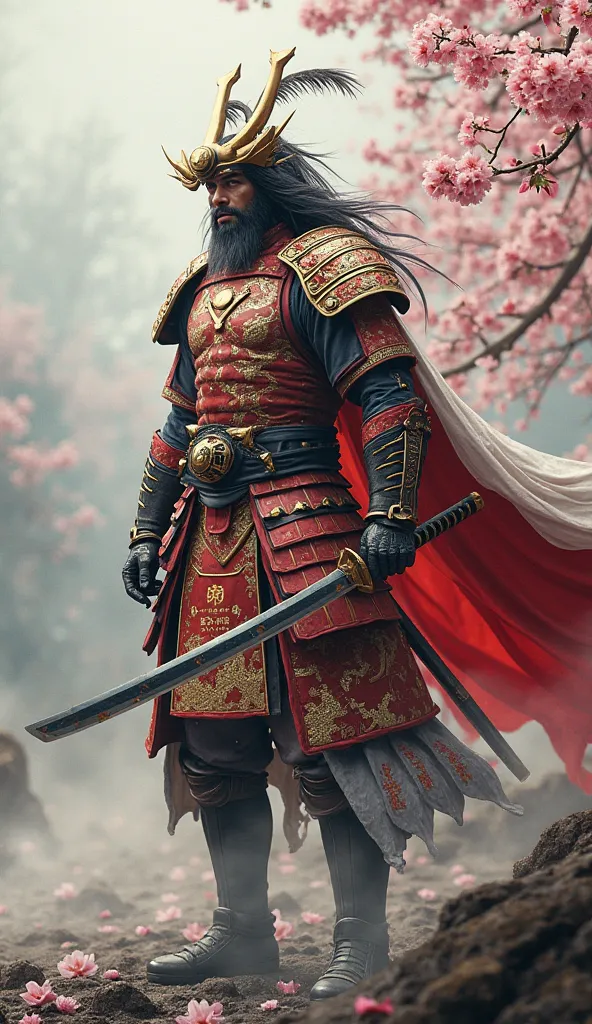 A hyper-realistic humanoid Japanese dragon emperor, an awe-inspiring warrior king with an imposing, muscular physique covered in ancient battle scars. His crimson and white armor, reflecting the Japanese flag, is adorned with intricate golden dragon motifs...