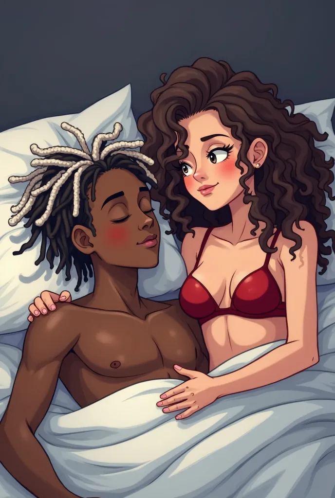 Make a black boy with white Dreads lying down to sleep shirtless and with sheets covered from the waist down and a girl with curly brown hair, brown eyes and white skin tries to wake him up she is wearing red lingerie In the cartoon style of Arcane 