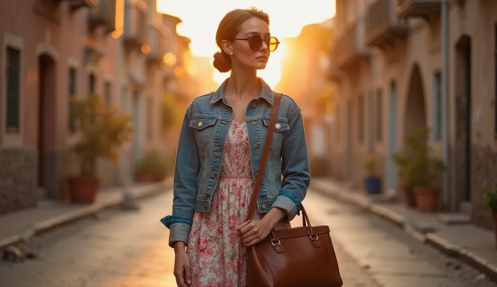 "A full-body shot of a vintage-styled woman wearing a denim jacket combined with a floral midi dress, round sunglasses, and a classic leather handbag. Her hair is neatly tied, with light makeup, standing on an old street at sunset with warm, golden light, ...