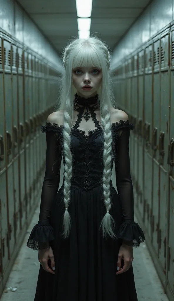 It generates the image of a Gothic girl with braided white hair standing in the hallway of the school lockers