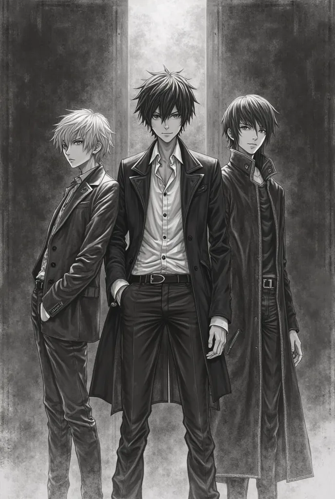 A pencil drawing of Light Yagami with Ryuki and L and Misa 