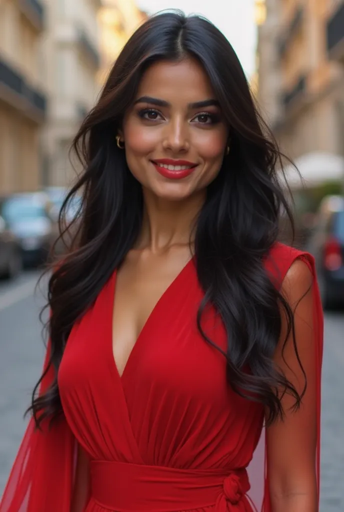 A stunning Indian girl with radiant, smooth skin and deep brown eyes stands elegantly in a fashionable red outfit inspired by European style. Her long, silky black hair cascades over her shoulders, framing her delicate features. She wears a chic red dress ...