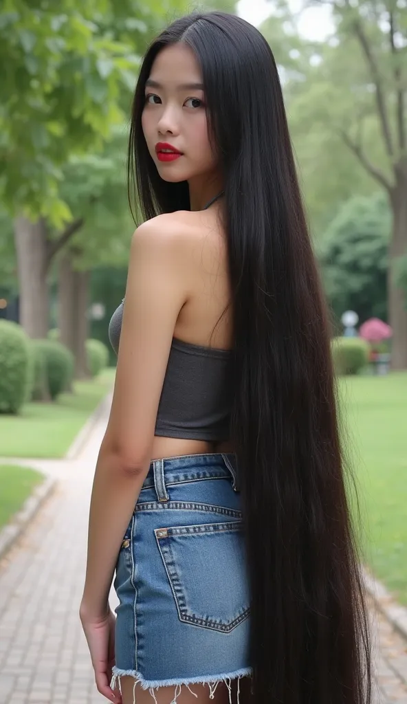 Very cute and young lady with red lip and dimple.She is standing .She wear the very tight sleeveless strapless tube dress , fitted tight denim mini skirt and white high heel.Have  the white complexion.She have the light black longest hair length to 10 mete...