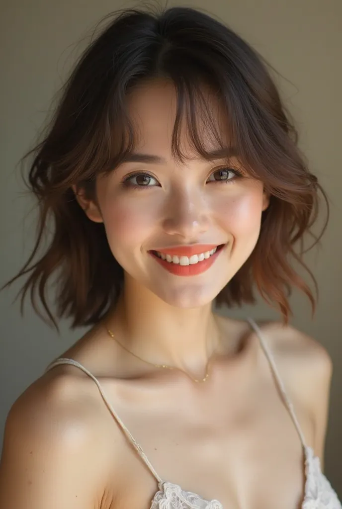 a photo of a cute woman with a round face shape, styled in a flattering medium-length cut — layers, curtain bangs, or angled bobs work great. 