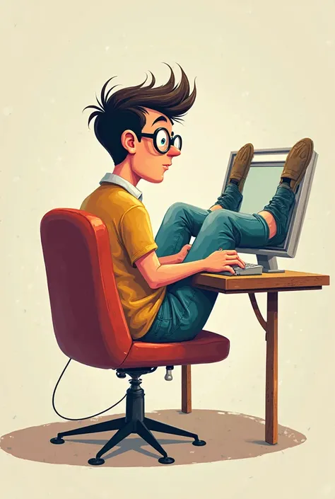 a guy wearing glasses, with short hair sitting on his back on a chair looking at a computer screen, cartoon style painting