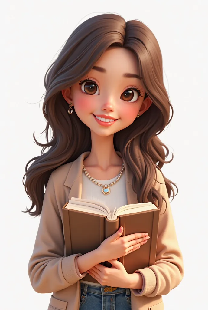 teacher is a young beautiful brunette with long full-length hair on a white background, who holds a book in her hands and smiles cute(not real, but in 3d style or cartoon)