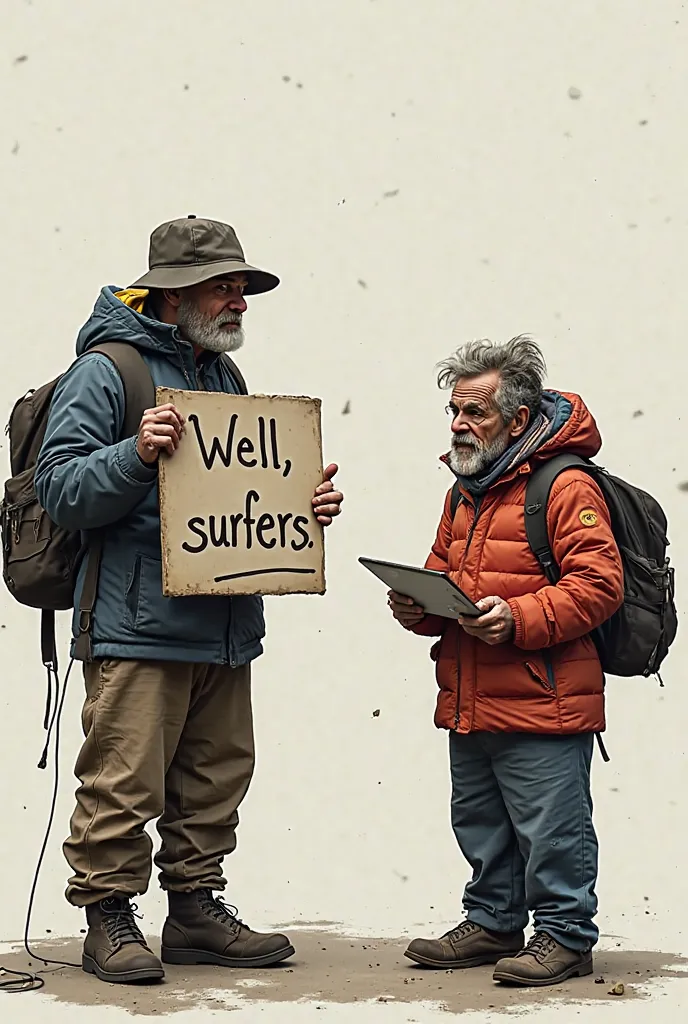 .- A picture of an electronic beggar holding a sign that says "Well, surfers", while a traditional beggar stands next to him looking at him in surprise and saying: *"appears until begging is online?"*.- A scene in which "Block button" on social media as if...