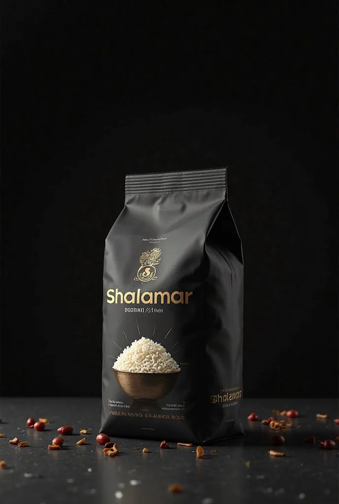 Create 5Kg Premium Basmati 1121 Steam Rice Bag with  & also Mention the Brand name SHALAMAR RICE on top. Use Black & Golden theme