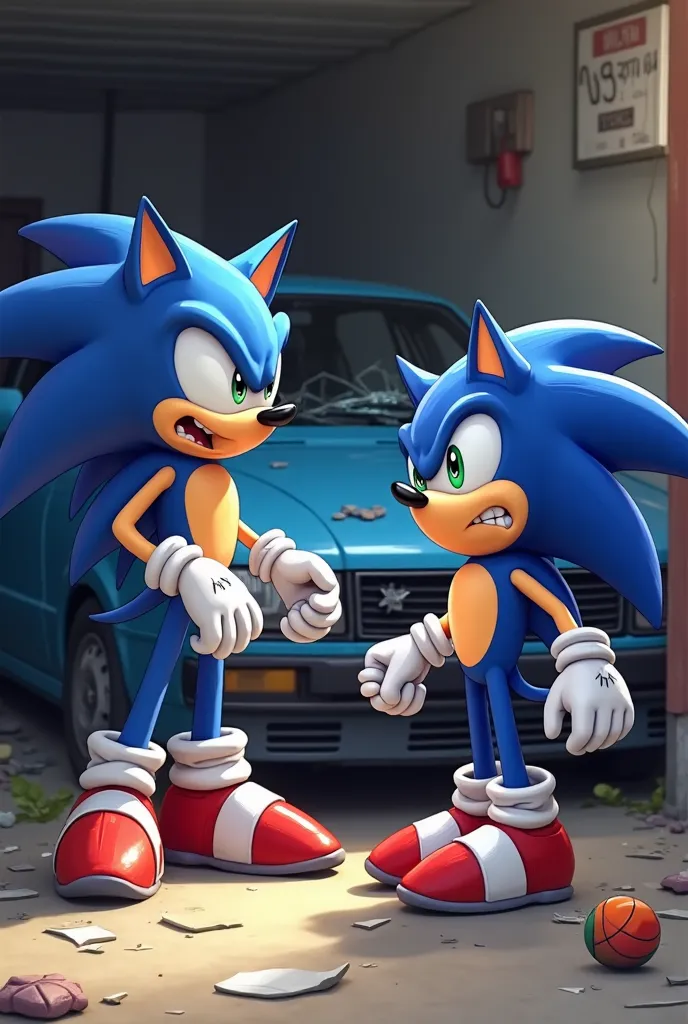 Sonic the Hedgehog shouting angrily at his son for having broken the car windows.,blue car outside the garage with the windows broken, a ball dropped on the floor near the car, 