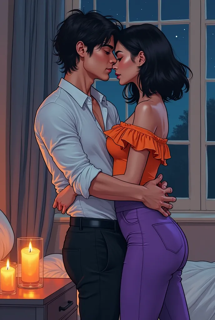 flat graphic minimalist colors, lovers. Man with black hair and eyes closed in a white long collar shirt and black pants, kissing. woman with black bob hair cut with a short sleeve orange ruffle off the shoulder top, and purple tight pants, kissing, straig...