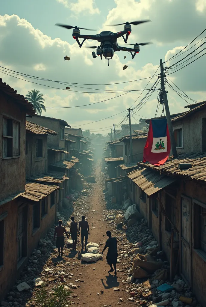 "An aerial view of a densely populated ghetto in Haiti, with small houses arranged very close to each other. Narrow corridors filled with trash. Above , a drone Suicide bomber dropping bombs on a group of armed gang members gathered in a hidden alley. The ...