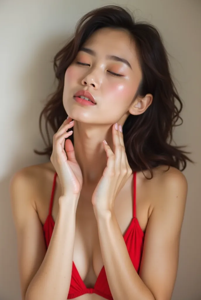 A beautiful portrait of a young Southeast Asian woman with a serene expression, eyes closed and head slightly tilted back, conveying a sense of relaxation and elegance. She is wearing a red bikini, her delicate hands gently touching her neck, highlighting ...