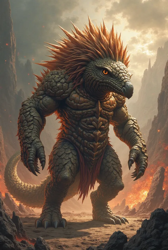 Design a hybrid creature that seamlessly merges the features of a pangolin and a snack. The creature should have the body and muscular build of a pangolin , but with thick, armored snack-like skin. Its face should combine a pangolin fierce mane and eyes wi...