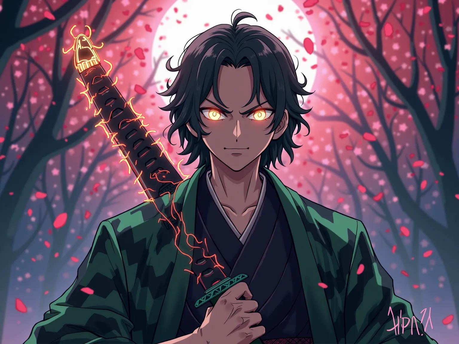 Portrait of Ruben Amorim as a character in Demon Slayer: Kimetsu no Yaiba anime style. He is wearing a black and green checkered haori similar to Tanjiro Kamado, holding a katana with glowing flame effects. His expression is determined and heroic, with bol...