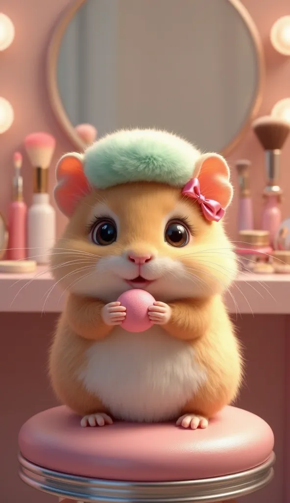 A hyper-realistic digital painting of an adorable small rodent, possibly a guinea pig or hamster, sitting on a stylish pink and silver makeup chair in a vanity room. The fluffy creature has soft, golden-brown fur with a white underbelly, expressive black e...