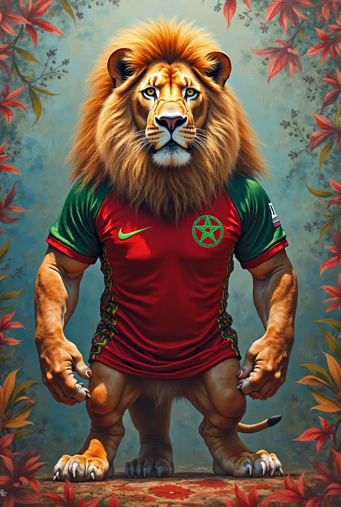 An oil painting of a majestic lion wearing the 2024 Moroccan national soccer team jersey. The lion stands proudly, embodying strength and pride, with intricate details capturing the fabric and design of the new uniform. The background reflects the spirit o...