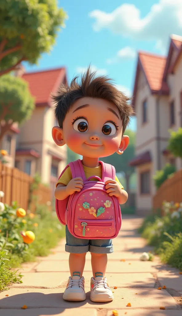 Create 30 scenes of one going to your first day of school, with your pink backpack. In Pixar style cartoon 3d.