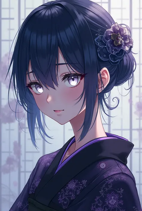 Anime art. A woman with blue-black hair, white eyes (blind), a black black kimono with purple details, Her hair is tied in a simple but elegant bun.  anime 2d , v2.