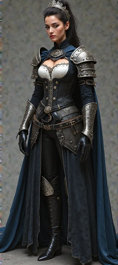 Change  les vetement du personnage en fonction de ça : Deuxième image :**  
La femme a un style d'aventurière ou de guerrière médiévale-fantastique :  
- **Gilet en cuir noir clouté**, avec des épaulières en métal ornées de détails rivetés.  
- **Corset bl...